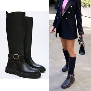 Zara lug sole black knee high leather boots
